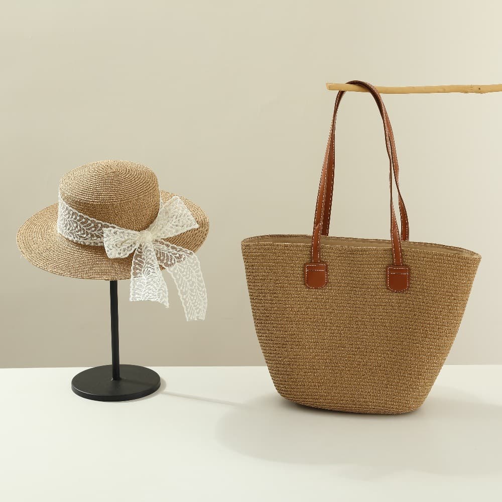 Women's Bags Hat Shoulder Bag Women's Suit Style All Match Bag Lace Bow Flat Top Straw Hat For Summer Travel Sun Protection