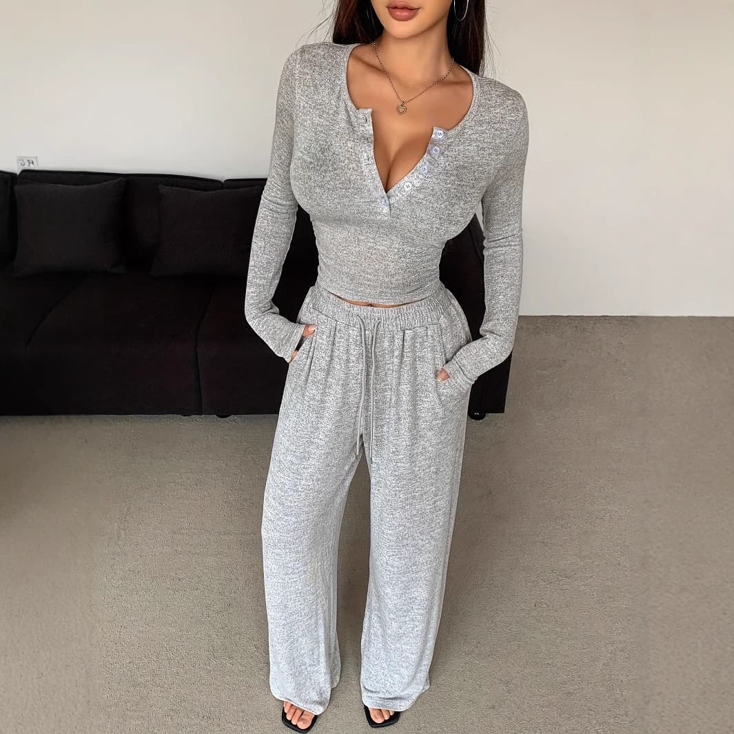 New Suits Long Sleeved Buttoned Solid Color Tight Top Plus Trousers Two Piece Suit For Women