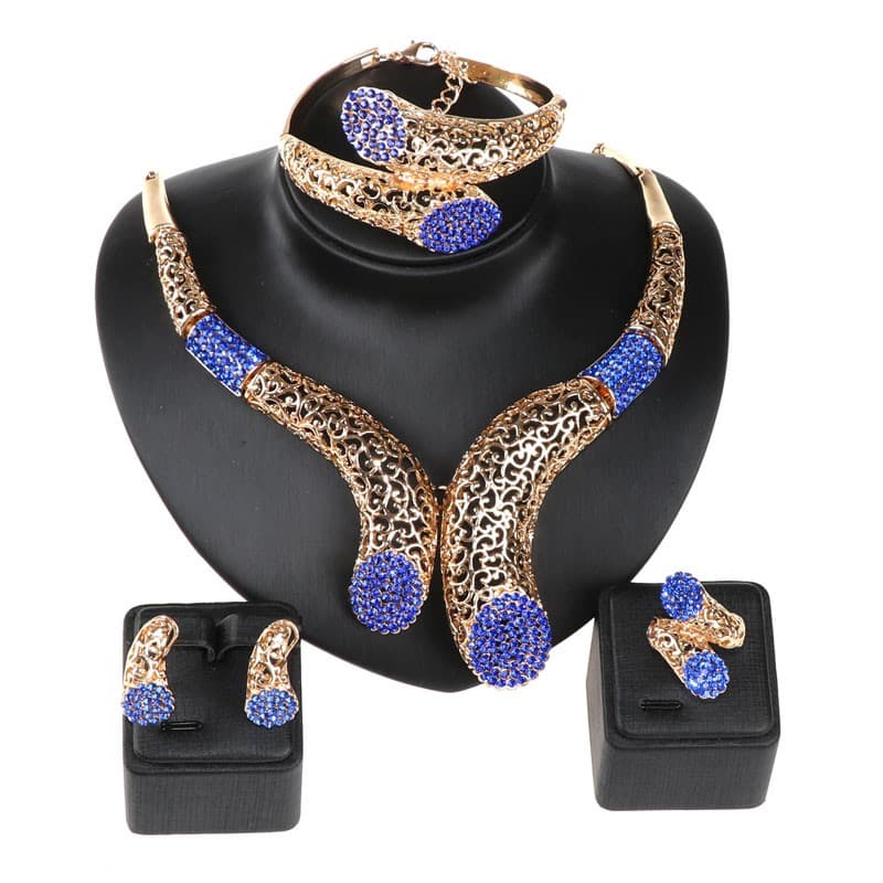 Fashion Dubai Gold Crystal Jewelry Nigerian Necklace Earrings Bangle Ring Women Italian Bridal Wedding Jewelry Sets