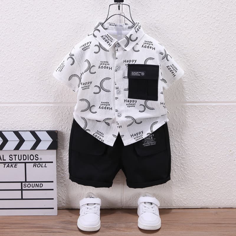 2024 new boys pocket shirt short sleeved children's two-piece set for summer clothing