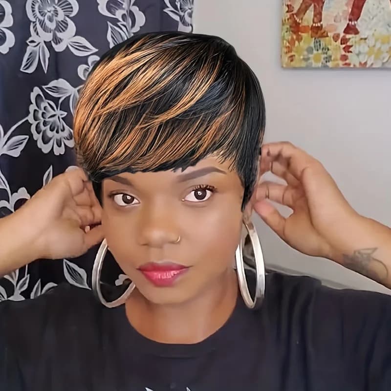 Short Pixie Cut Wigs For Women Human Hair Pixie Cut Wig With Bangs Full Machine Made Wig Straight Human Hair Wig