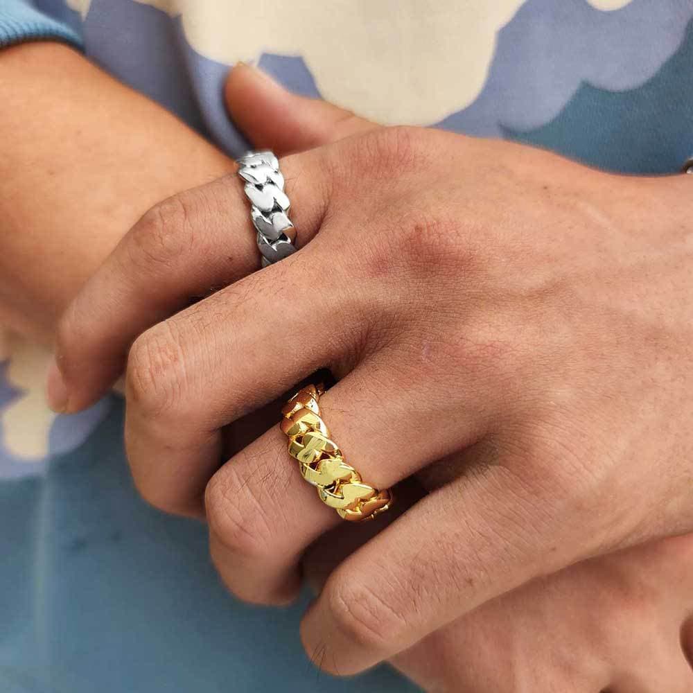 Men's Jewelry Hip Hop Simple 8mm Smooth Cuban Chain Ring Real Gold Electroplating Trendy Hiphop Ring