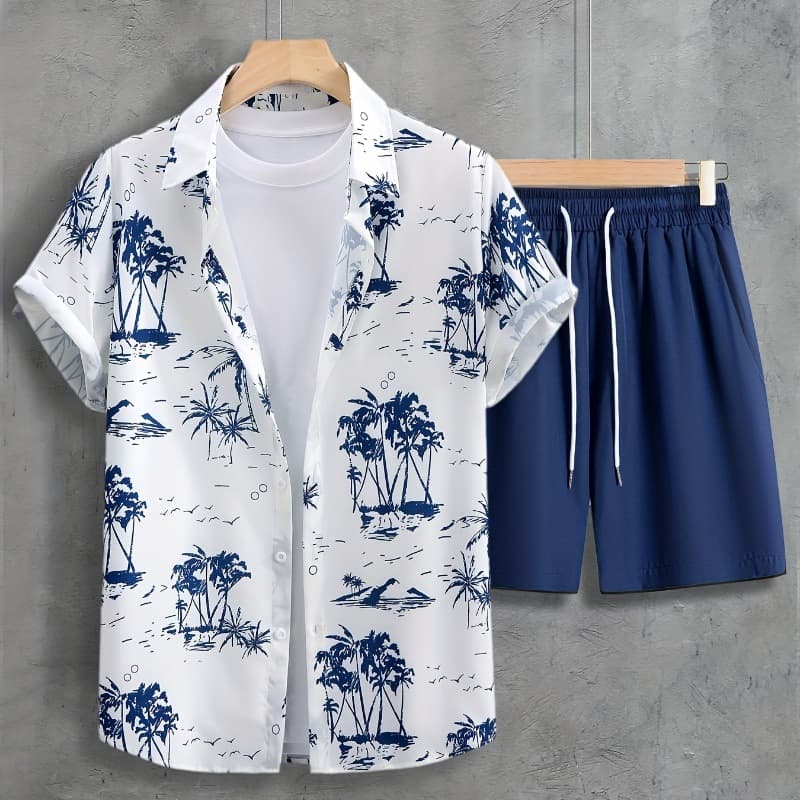 Europe and the United States 2024 summer new shirt shorts suit 3D printing leisure holiday men's cardigan two-piece set
