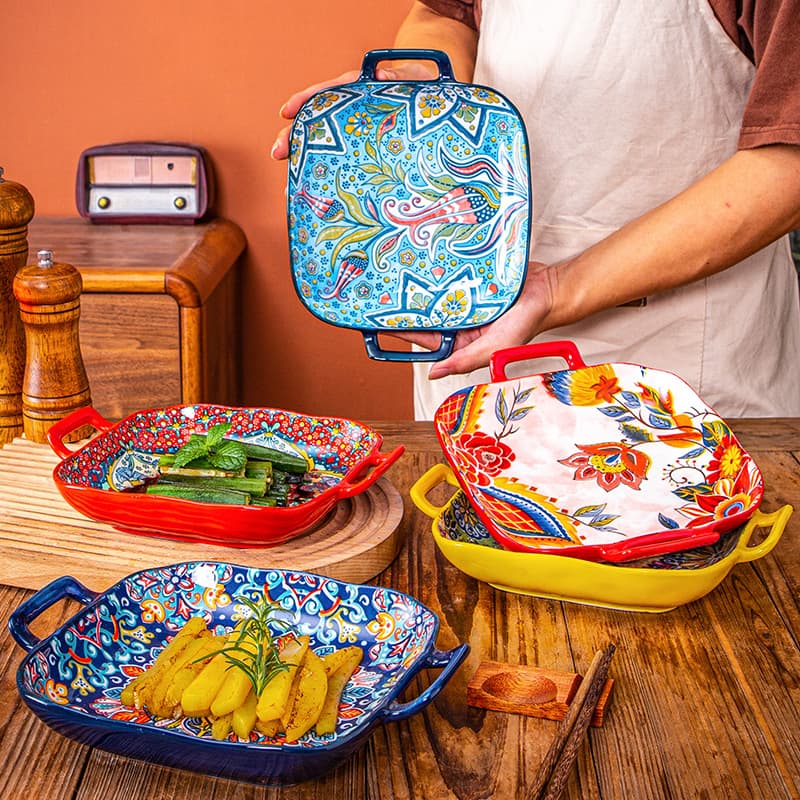 Bohemian Square Ceramic Serving Plate - Handled Oven & Microwave Safe Dish For Pasta Fruit & Appetizers