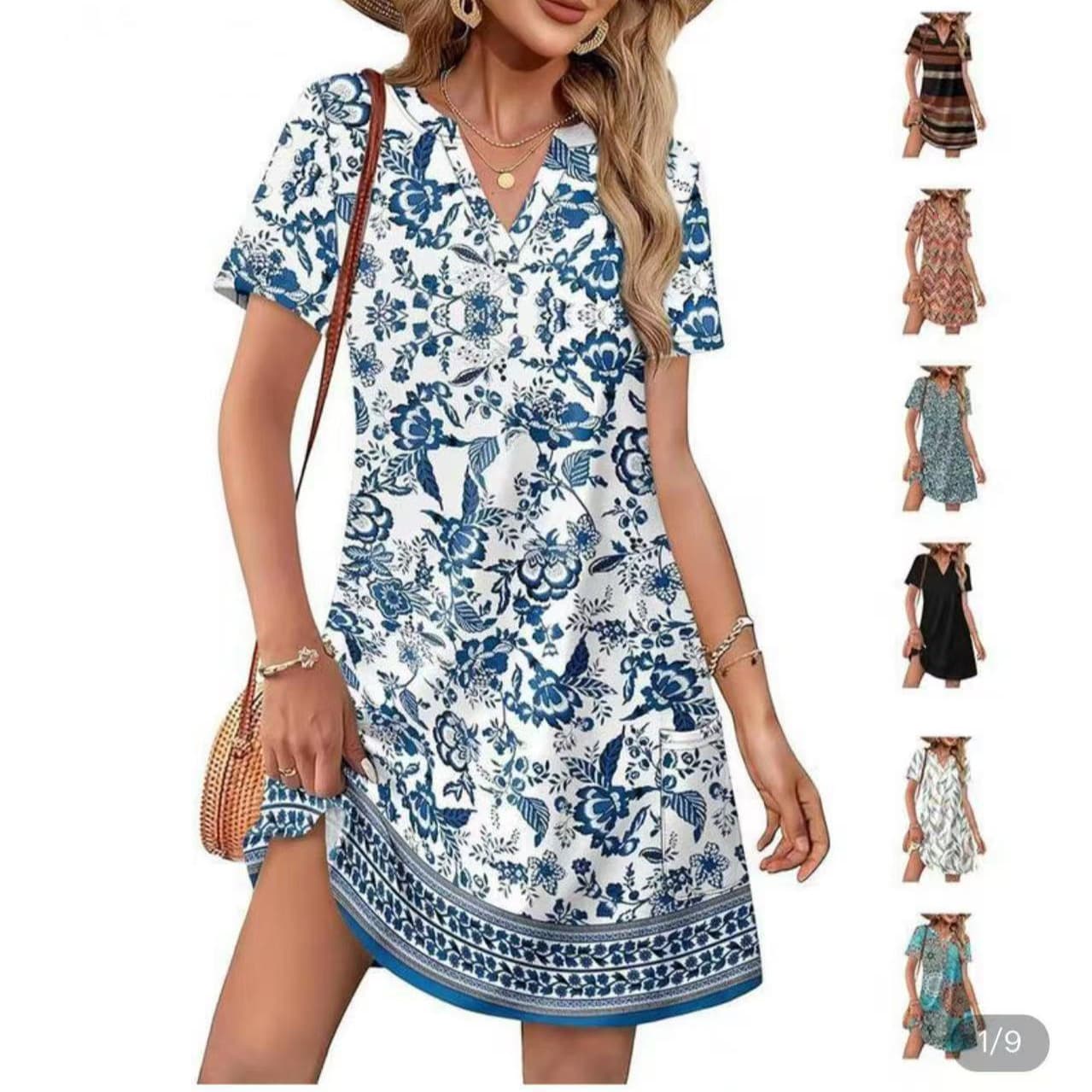 Women's Floral Print V-Neck Dress Short Sleeve Pockets Flowy A-Line Silhouette Breathable Polyester Spring Summer Casual S-3XL