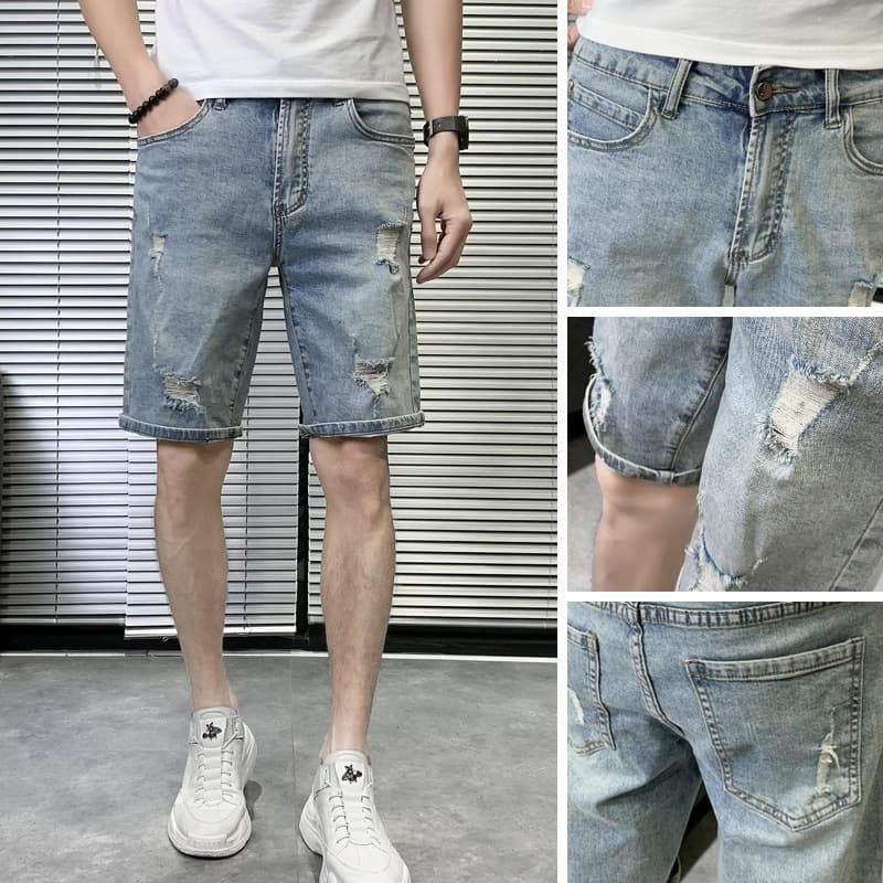 Ripped jeans trendy personality casual summer shorts thin men's cropped light blue half mid length pants