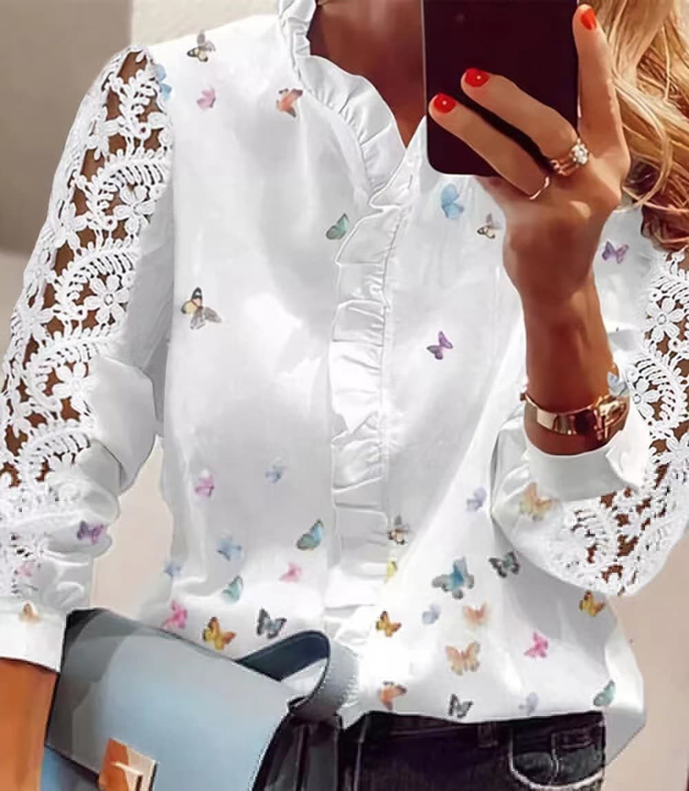 Women's new style lace stitching printed shirt for women