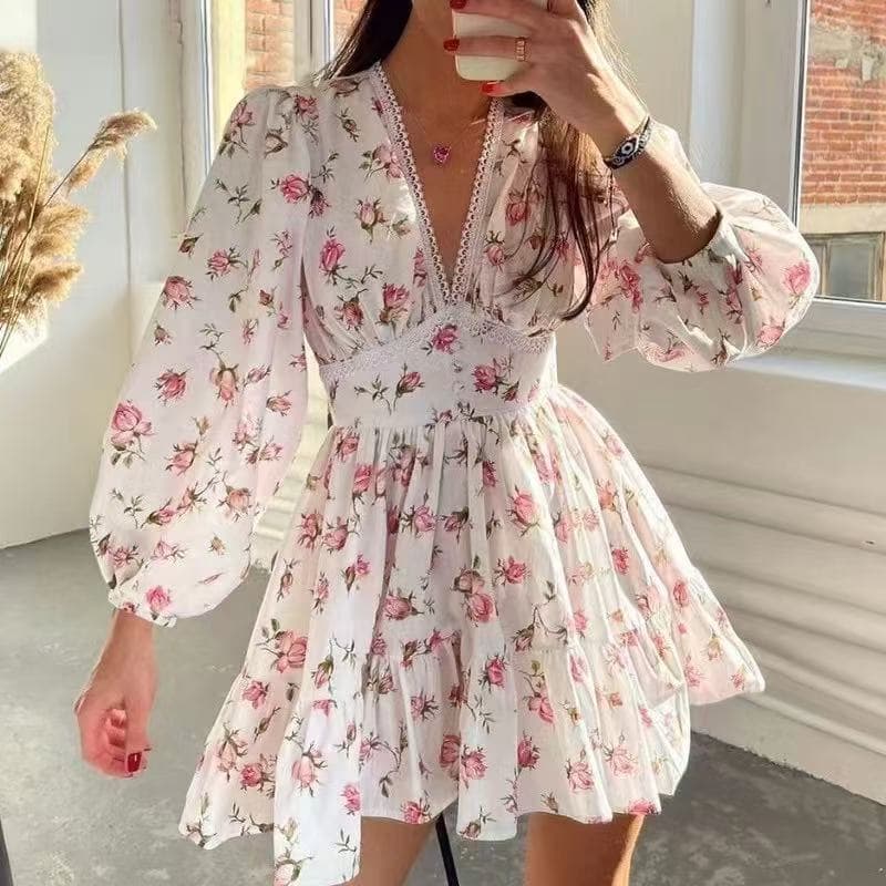 European And American Spring Women's Clothing New Foreign Trade Temperament Sweet Printed V Neck Lace Short Dress