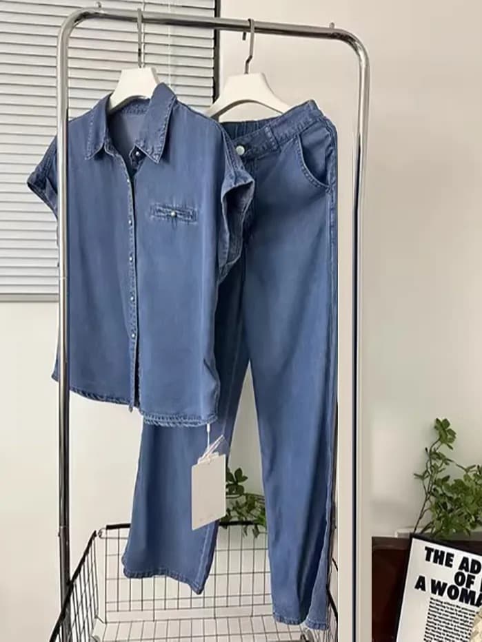 Women’s Clothing Shirt Jeans Two Piece Suit Female Summer New Waistcoat Short Sleeved Straight Trousers Suit Female