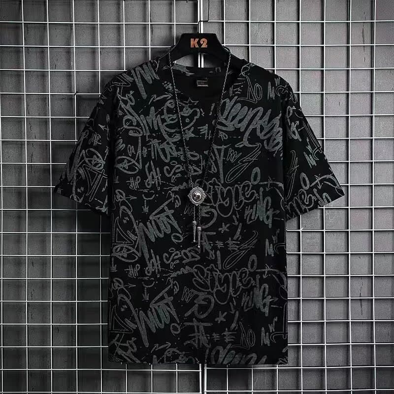 Men's Letter Print Short-sleeved T-shirt Men's Summer Graffiti Ins Loose Hong Kong Style Trend Student Couple Bottoming Shirt Trend