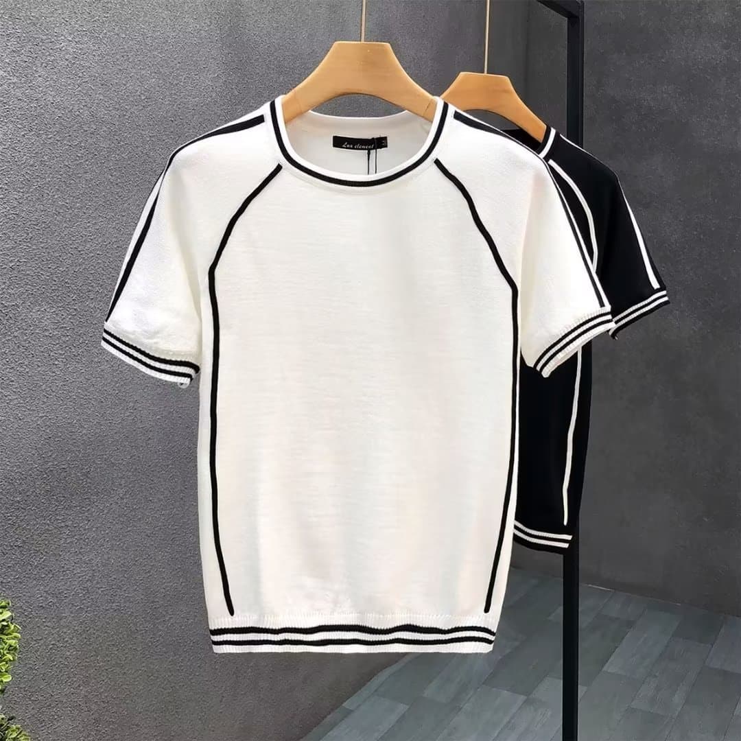 Men's Clothing Summer New Style Ice Silk Thin Knitted Short Sleeved T Shirt Contrast Color Slim Bottoming Shirt