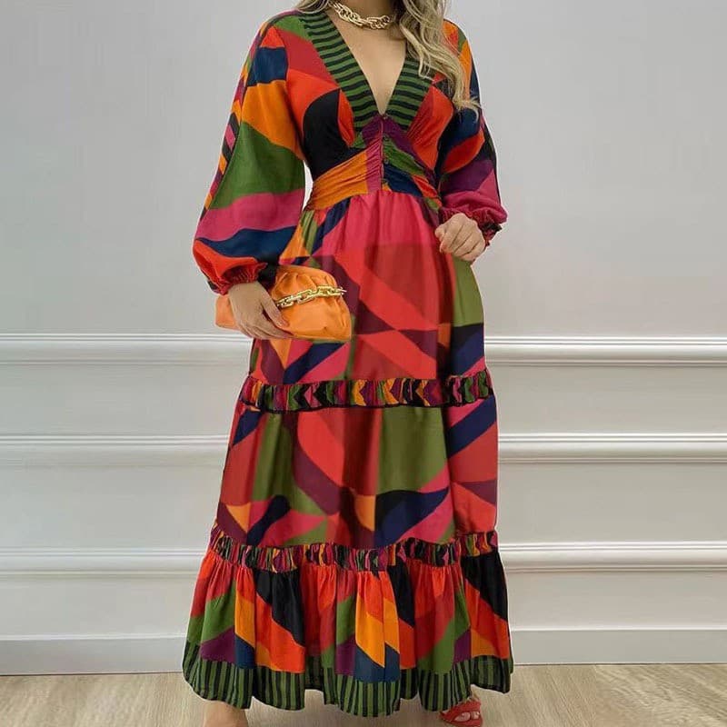 Women's Clothing Women's Fashion Elegant V Neck Geometric Print Splicing Large Skirt Waist Dress Female