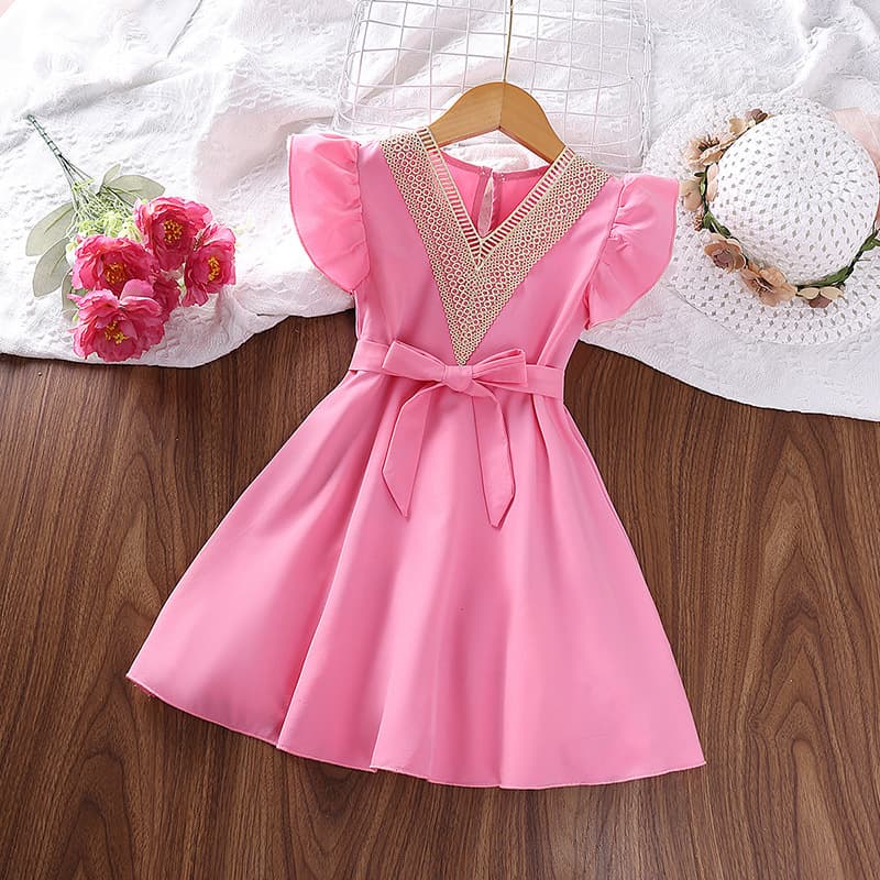 Girls' Princess Dress Style Summer New Flutter Sleeve Lace Small V Neck Children's Clothing For Ages 8-16