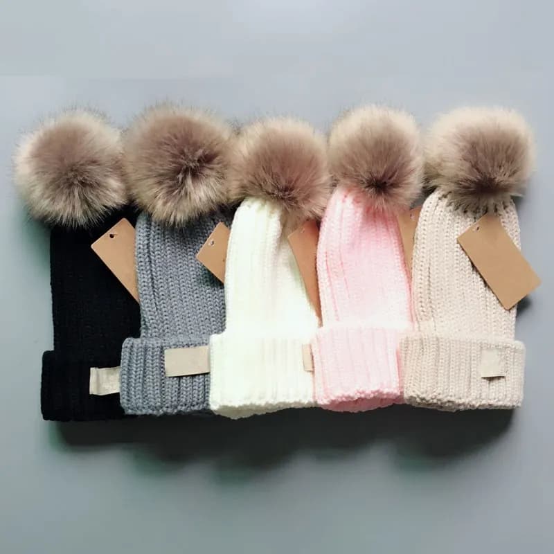Fur Pom Poms Kid Hat Fashion Winter Hats For Kids Caps Baby Solid Color Designer Knitted Beanies Adult And Child Size