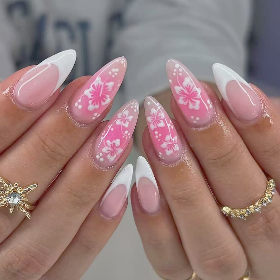 24 Pieces Medium Length Glossy Teardrop Nail Art White French Blush Flower Design New Spring Summer Style for Beauty Health