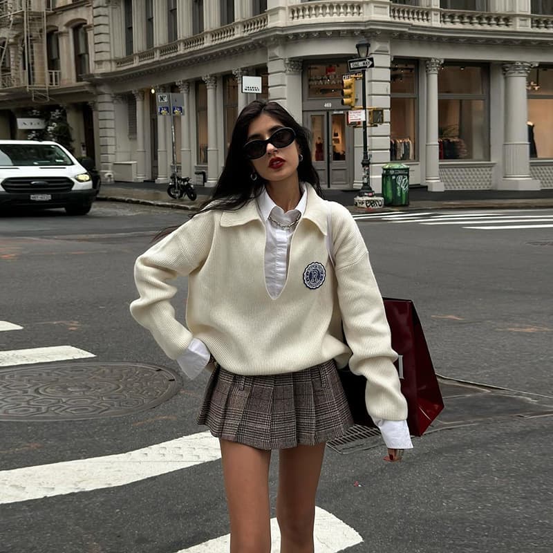 Women's Clothing Solid Color Loose Long Sleeved Sweater Fashionable High Waist Pleated Skirt
