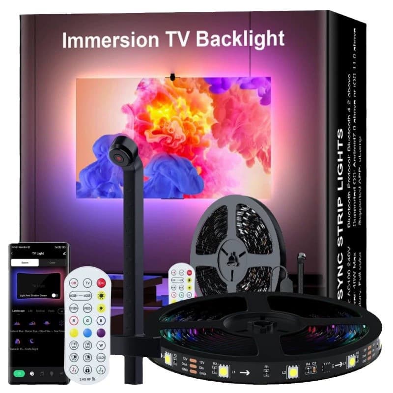 Smart TV Sync RGB LED Ambient Light Strip - Camera Sync Screen Mirroring, 24-Key Remote & Bluetooth Control, 5050 SMD RGBIC, CE Certified