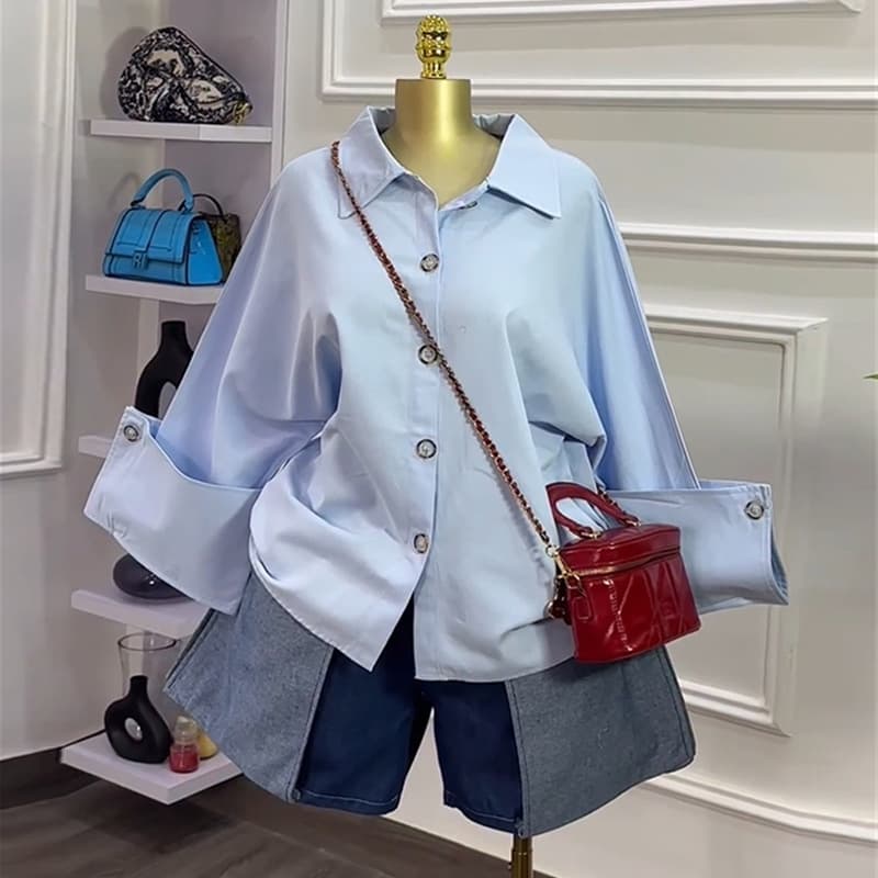 Women's Relaxed Fit Blue Long Sleeve Shirt - Elegant Collar Top, Breathable & Stylish For Autumn & Spring