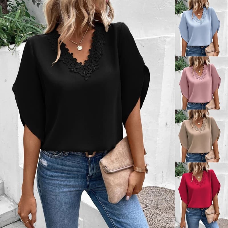 2026 European And American Cross-Border Summer New Solid Color Lace V-Neck Bell Sleeve Loose Shirt Women's Top