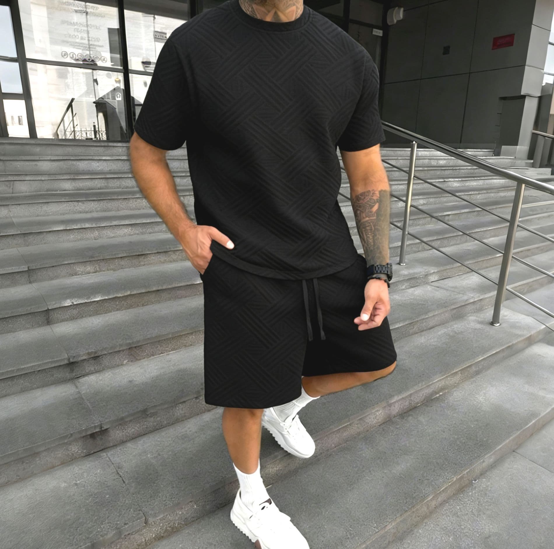 Men's 2-Piece Set Solid Color Jacquard Crew Neck Short Sleeve T-Shirt And Shorts European American Style Outdoor Casual Wear