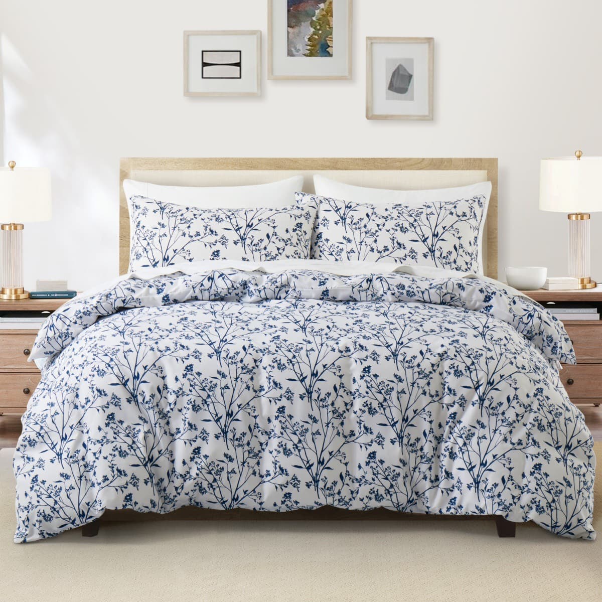 Nordic Plant-Pattern Fitted Sheet – Soft Brushed Polyester, Active Dye, Multiple Sizes (US/AU/EU/DE/ES)