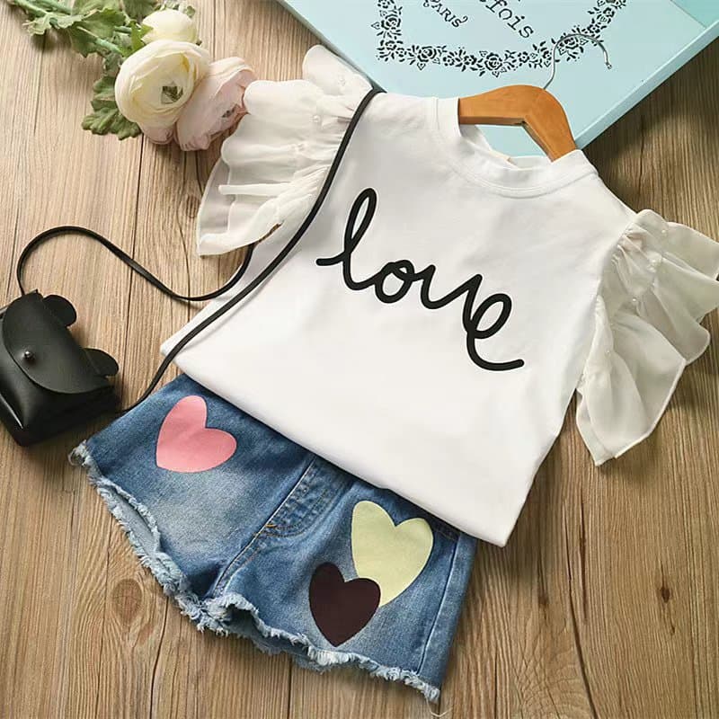 mother & kids Summer hot-selling girls suit Korean children's denim shorts + T-shirt short-sleeved two-piece children's clothing