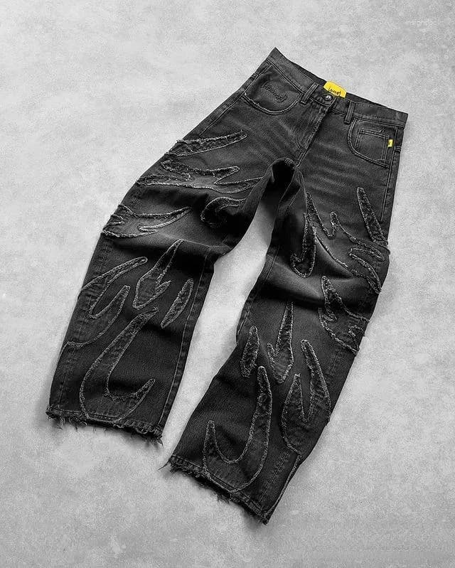 Men's Jeans Streetwear Y2K Mens Womens Retro Hip Hop Distressed Embroidered Baggy Black Pants High Waist Wide Leg