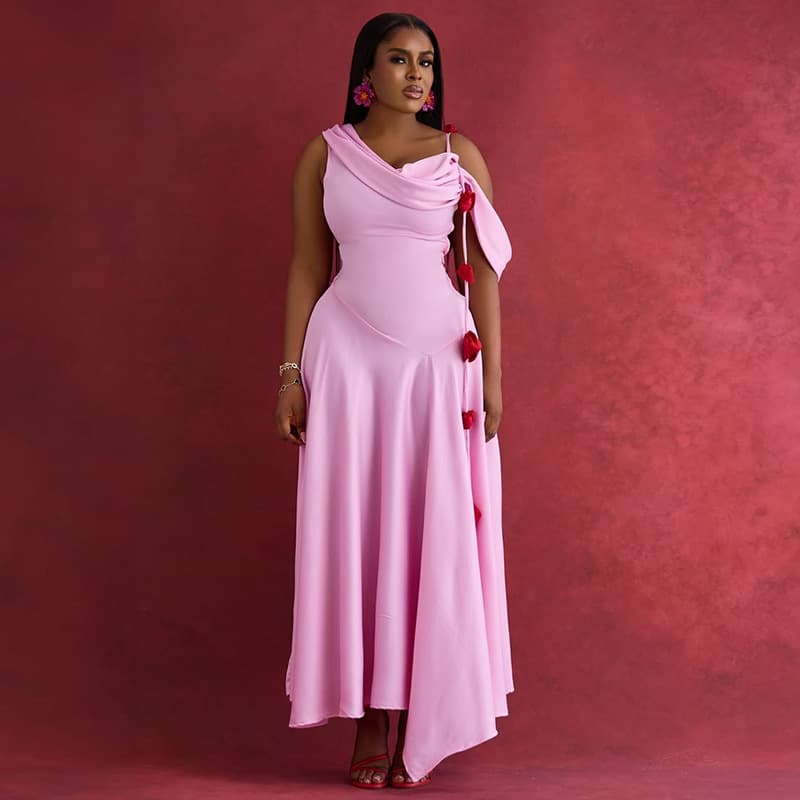​​Women's Off-Shoulder Midi Dress – Elegant A-Line Summer Dress With High Waist & Tie Detail (Pink/Ivory, S-2xl)​​