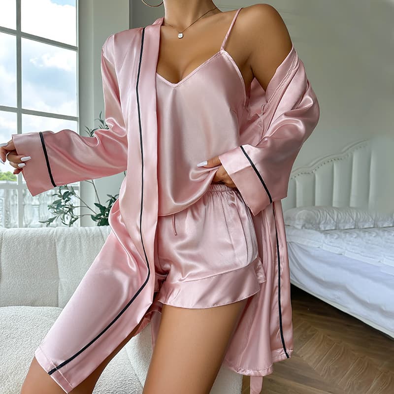 Women's Sleepwears Ice Silk Pajamas Suspender Shorts Three Piece Set