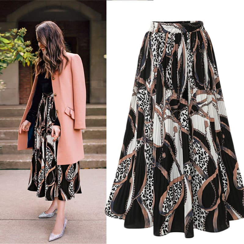 Women's Clothing 8191#Big size women's spring and summer new chiffon pleated skirt high waist skirt printed medium long big swing skirt