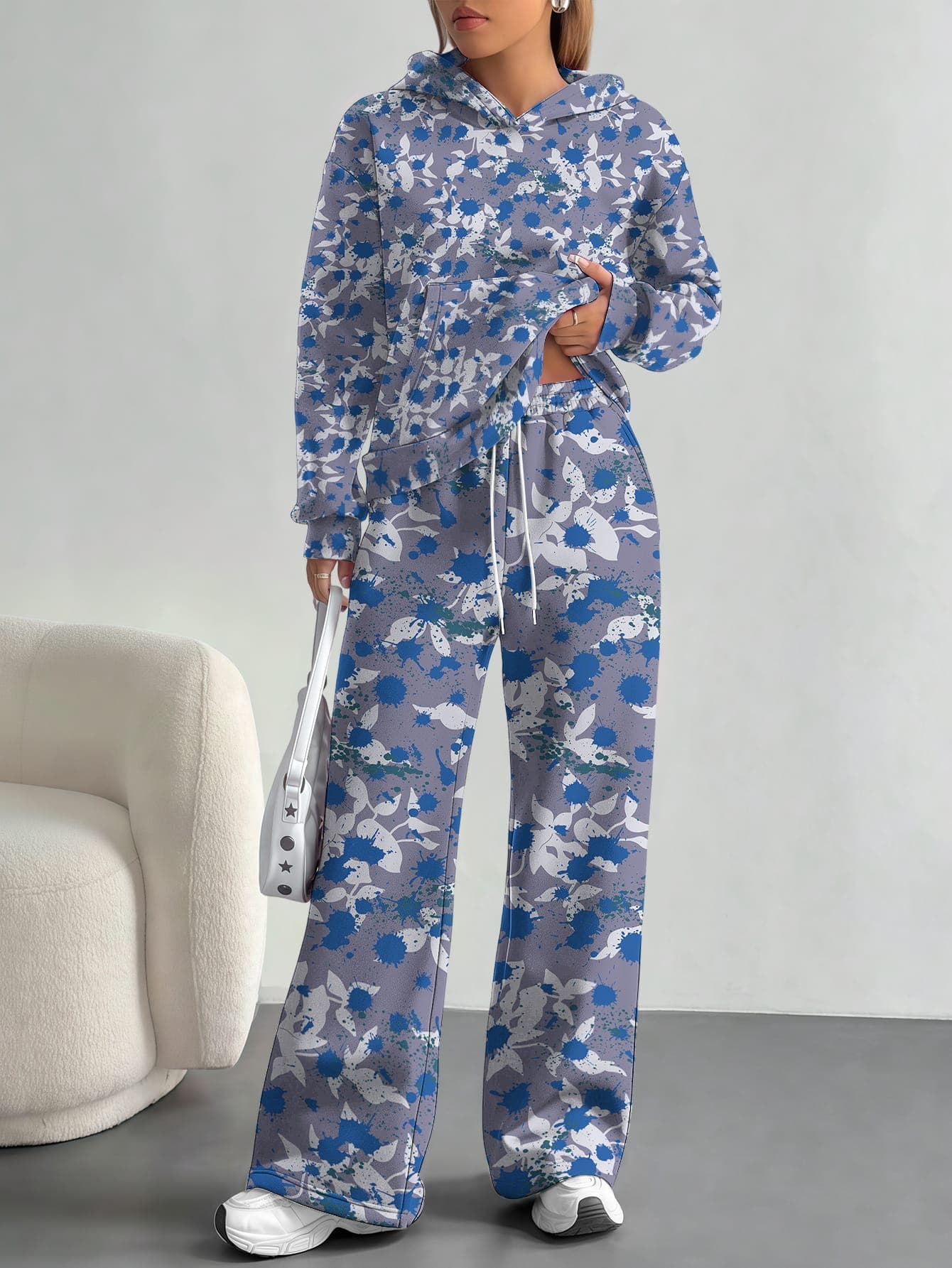 2025 Foreign Trade Floral Print Blue Tie-dye Pattern New Hot Style Autumn And Winter New Fashion Casual European And American