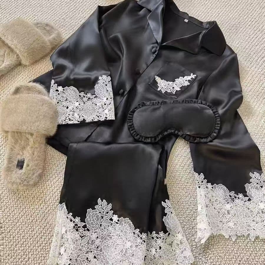 Underwear & Sleepwears Soft Ice Silk Pajama Set For Women Long Sleeve & Pants With Lace Trim Sweet Homewear Sleepwear Lounge Outfit