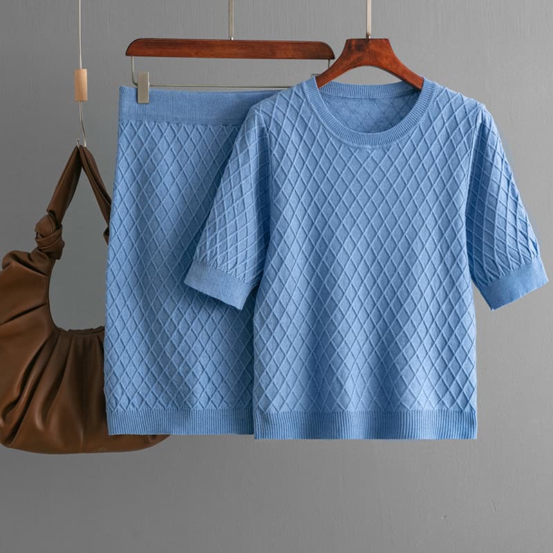 Women's Clothing women's summer solid color suit skirt 2024 new round neck top knitted two piece skirt