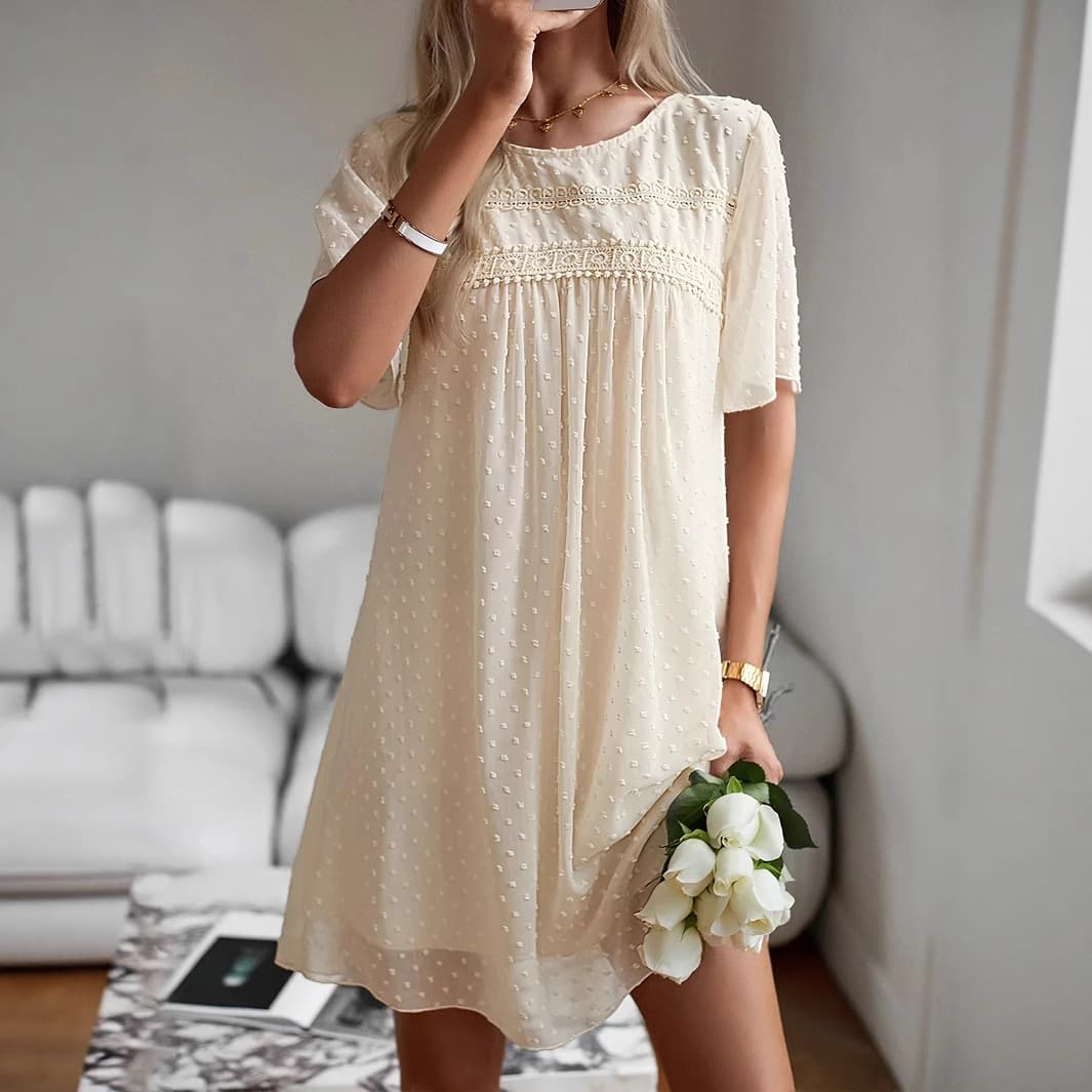 Women's Clothing Summer Ladies Solid Color Dress Round Neck Short Sleeve Dress Women's Clothing
