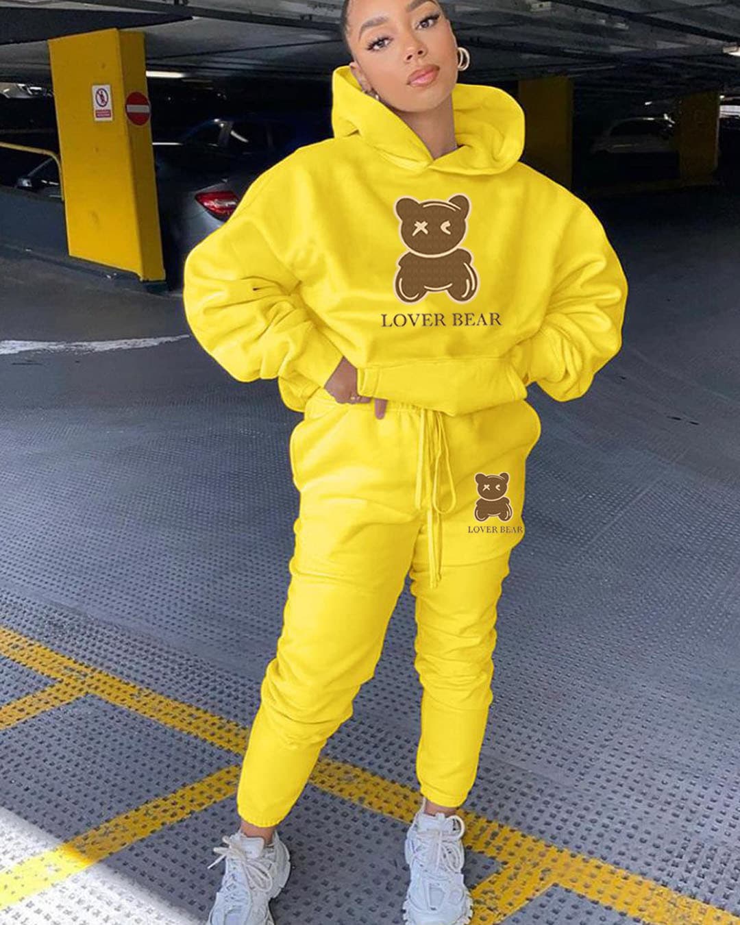 Women's Clothing suit hooded sweatshirt and sweatpants color matching bear print suit