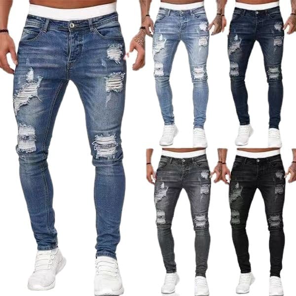 Men's Ripped Slim Fit Jeans - Stretch Denim Pants With Distressed Wash For Casual Streetwear