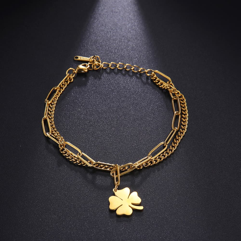 Layered Style Gold Titanium Steel Bracelet Four-Leaf Clover Double Layer Chain High-End Niche Design Jewelry