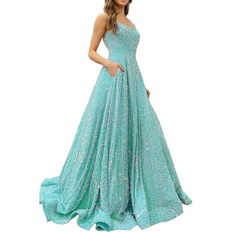Prom Dress Long A-line Formal Evening Dress With Pockets Side Slit Glitter Party Dress
