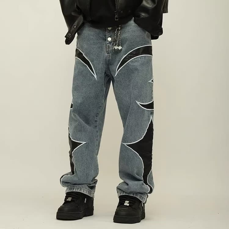 Men's Clothing Hiphop Patchwork Contrast Jeans Men's Loose Trendy Straight Casual Mopping Pants
