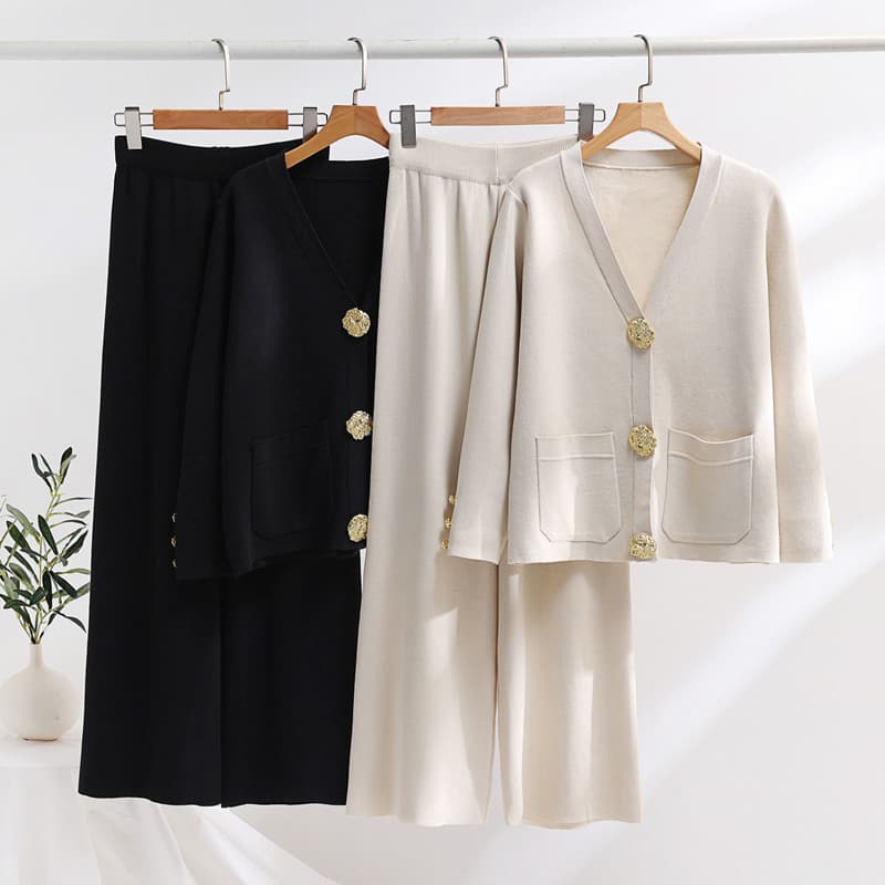 Women's Clothing autumn and winter new style socialite slimming contrast large gold button sweater women's wide leg pants knitted two piece set