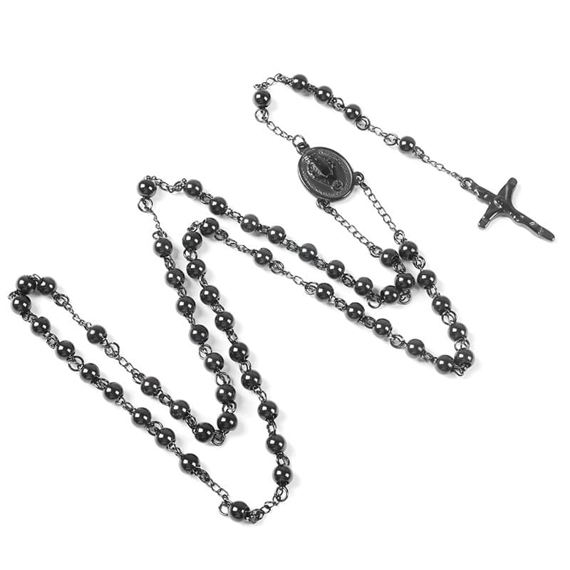 Religious Vintage Fashion Hip Hop Punk Men's And Women's Necklace 6mmJesus Necklace Black Rosary Stainless Steel Necklace