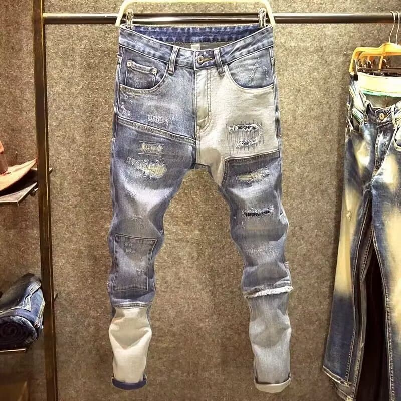 Men's Jeans Fashion Brand Retro Blue Slim Pants Trend Korean Version Of All Worn Patch Pants Men Do Old Pants Uhero