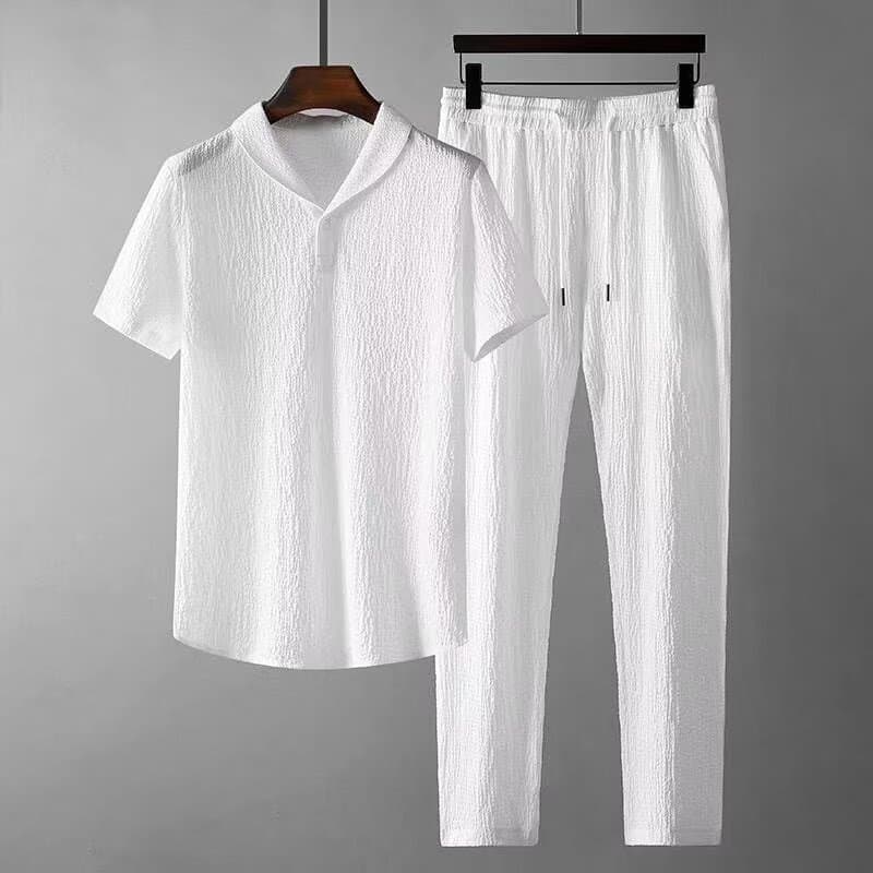 Men's Clothing Fashion Brand Ice Silk Pleated Casual Sports Suit Men's Summer Thin Short Sleeved Large Size Straight Pants Sports Two Piece Suit