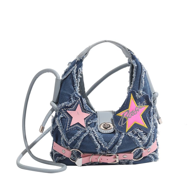 Denim Bag Women's Shoulder Bag Spice Girl Pink Pentacle Applique Design Denim Crossbody Bag With Raw Edge
