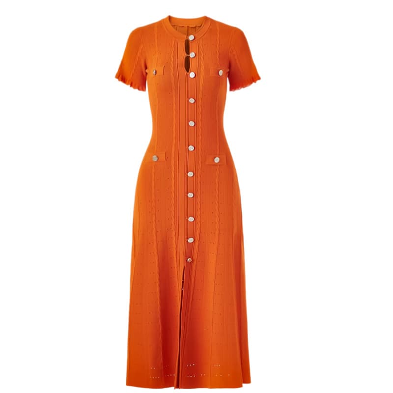 French Style Women's Long Dress Export Quality Light Luxury Knitted Round Neck Design With Ruffled Skirt Hollowed Out Detail