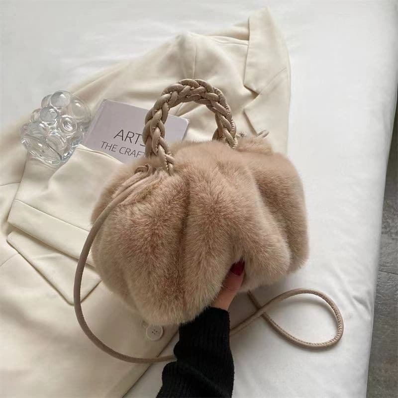 Mink Plush Bag Pumpkin Folded Bag Portable Solid Color Bag Women's Shoulder Crossbody Bag