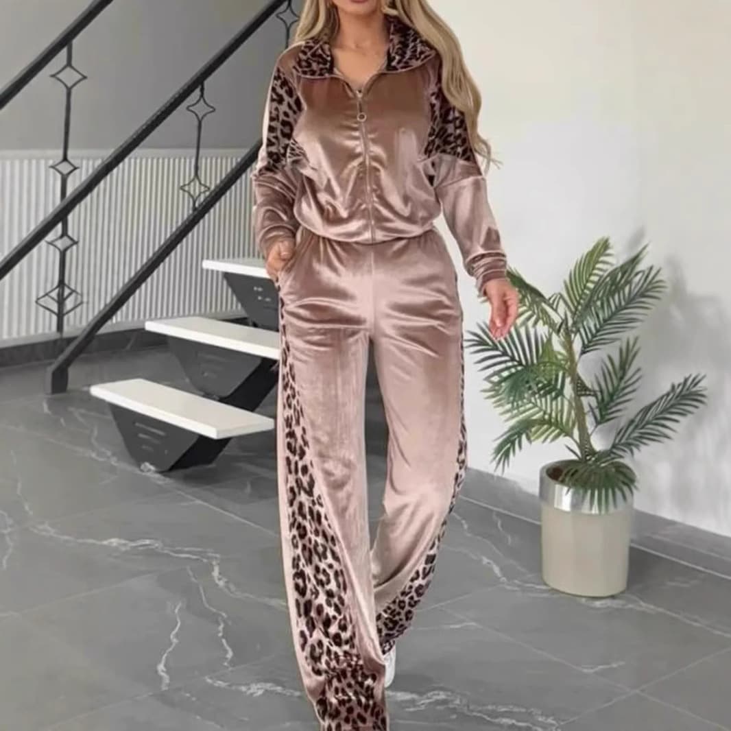 Women's Clothing Leopard Print Contrast Trousers Long Sleeved Home Clothes Suit