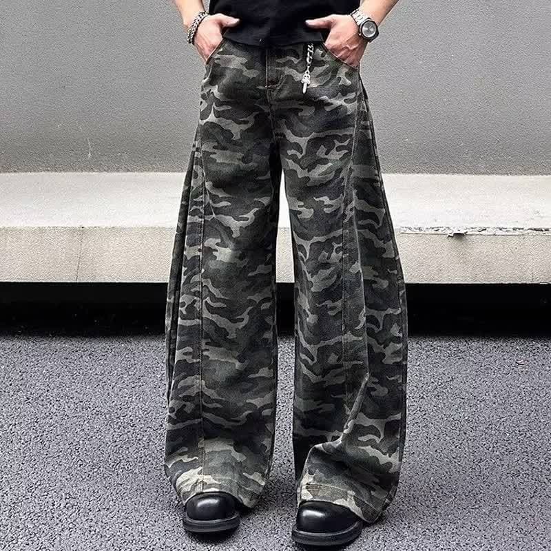 Streetwear Camo Cargo Jeans – High Waist Baggy Denim Pants With Utility Pockets (Unisex S-3xl, Military Green)