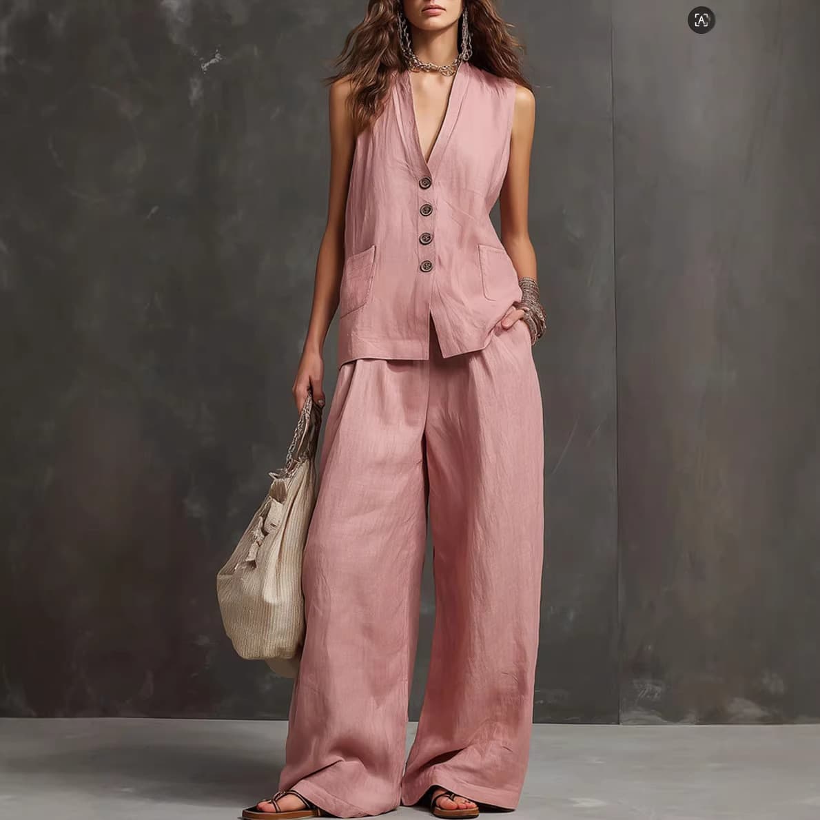 Summer Women's Linen Set Sleeveless Vest Wide Leg Pants Gentle Graceful