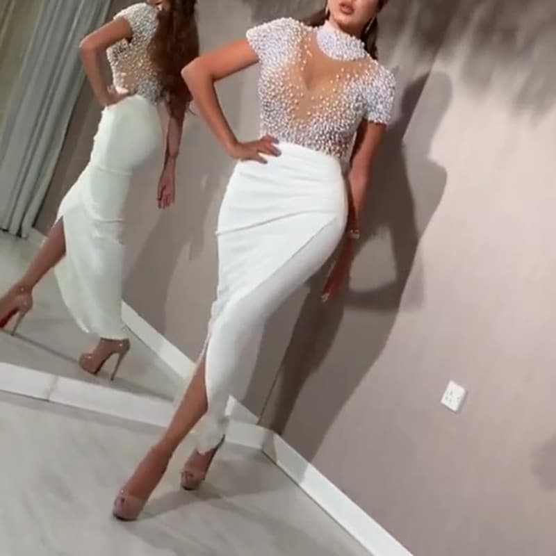 See Through Tulle Beaded Round Neck Short Sleeve Women's Evening Dress Dress Factory Direct Sales